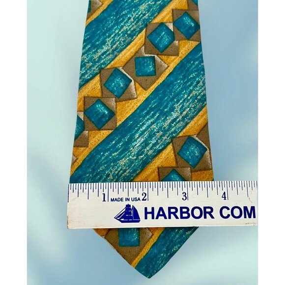 Geoffrey Beene Mens Necktie Aqua Blue Beige Abstract Geometric Silk Neck Tie USA - Picture 4 of 4